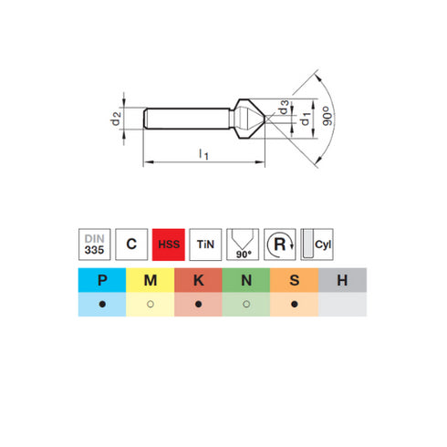 Conical End Mill HSS 3F 90° DIN335, 62347 Dimensions